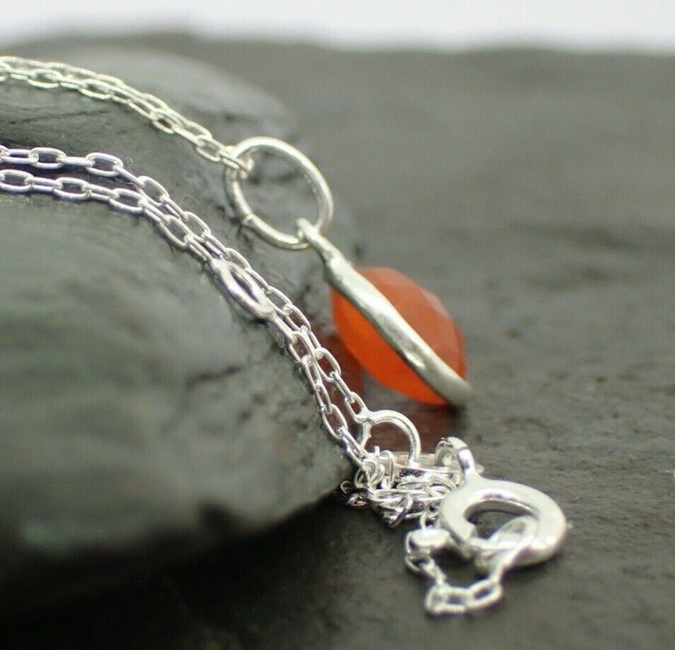 Natural Carnelian Gemstone & Sterling Silver Small Double Point Pendant Necklace. Pendant Length: 3cm Chain Length: 55cm