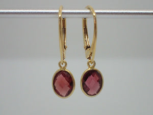 Natural Garnet Leverback Earrings, Oval, 925 Sterling Silver Gold Plated Vermeil