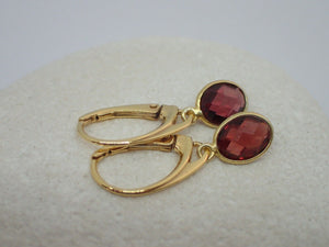 Natural Garnet Leverback Earrings, Oval, 925 Sterling Silver Gold Plated Vermeil