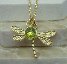 Load image into Gallery viewer, Dragonfly Pendant with Natural Peridot Charm, Gold Plated Vermeil, New UK Seller