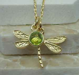 Dragonfly Pendant with Natural Peridot Charm, Gold Plated Vermeil, New UK Seller