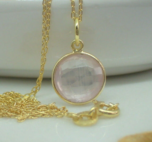 925 Sterling Silver Gold Plated Vermeil Natural Rose Quartz Pendant - UK Seller