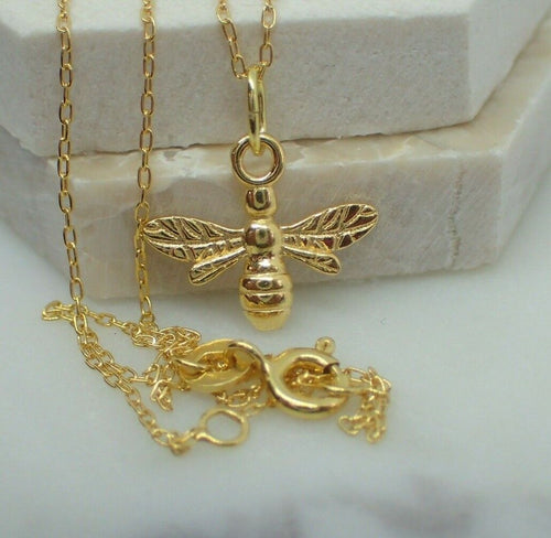 925 Sterling Silver Gold Plated Vermeil Bee Pendant on Cable Chain - UK Seller