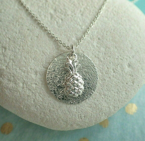 Pineapple Pendant, Sterling Silver Textured Silver Disc Medallion - UK Seller