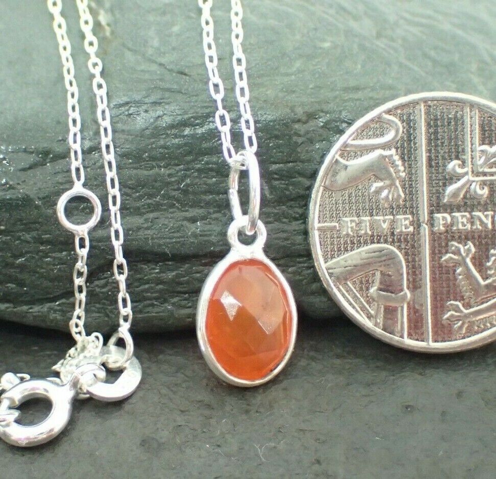 Natural Carnelian Gemstone & Sterling Silver Small Double Point Pendant Necklace. Pendant Length: 3cm Chain Length: 55cm