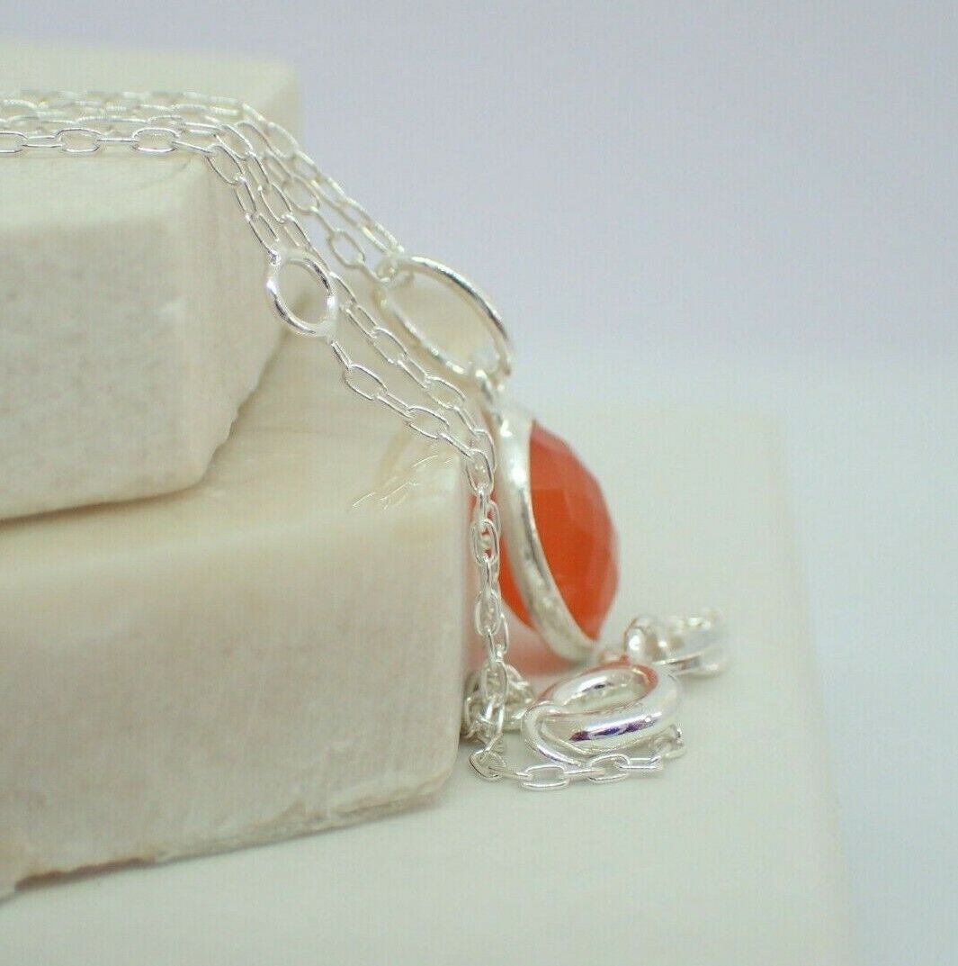 Natural Carnelian Gemstone & Sterling Silver Small Double Point Pendant Necklace. Pendant Length: 3cm Chain Length: 55cm