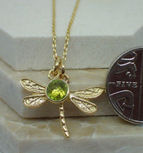 Load image into Gallery viewer, Dragonfly Pendant with Natural Peridot Charm, Gold Plated Vermeil, New UK Seller