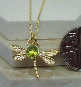 Dragonfly Pendant with Natural Peridot Charm, Gold Plated Vermeil, New UK Seller