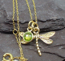 Load image into Gallery viewer, Dragonfly Pendant with Natural Peridot Charm, Gold Plated Vermeil, New UK Seller