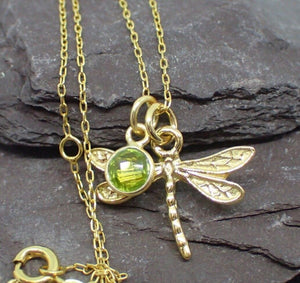 Dragonfly Pendant with Natural Peridot Charm, Gold Plated Vermeil, New UK Seller