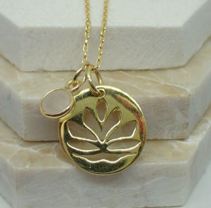 Lotus Flower Pendant & Rose Quartz Charm, Gold Plated Vermeil, New  - UK Seller