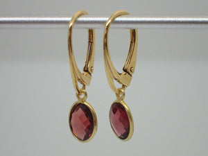 Natural Garnet Leverback Earrings, Oval, 925 Sterling Silver Gold Plated Vermeil