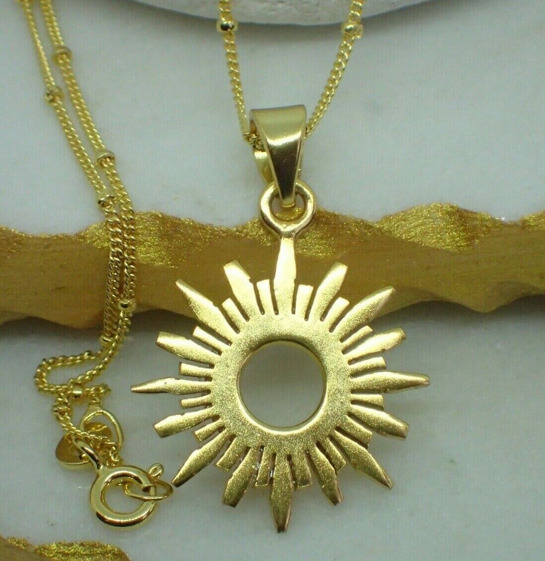 925 Sterling Silver 14k Gold Plated Vermeil Sunbeam Pendant on Satellite Chain