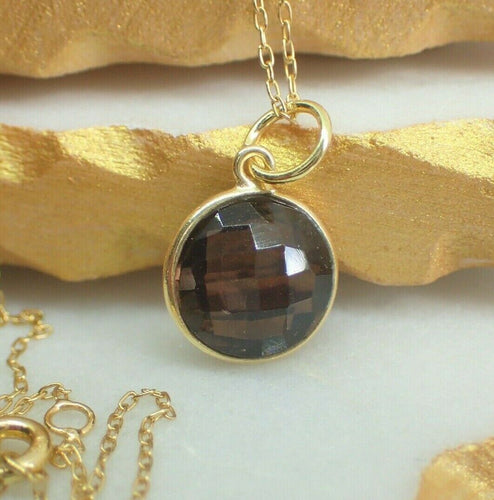 Natural Smoky Quartz Pendant, Round, 925 Sterling Silver Gold Plated Vermeil