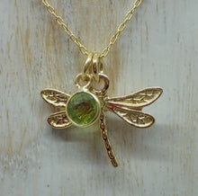 Load image into Gallery viewer, Dragonfly Pendant with Natural Peridot Charm, Gold Plated Vermeil, New UK Seller