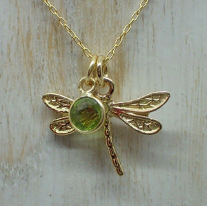 Dragonfly Pendant with Natural Peridot Charm, Gold Plated Vermeil, New UK Seller