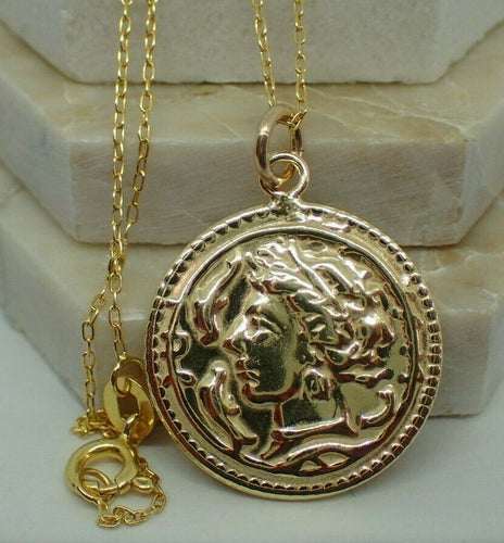 925 Sterling Silver Gold Plated Vermeil Roman Coin Medallion Pendant & Chain