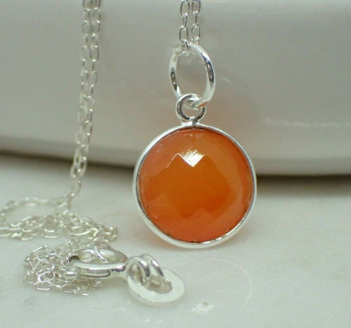 Carnelian Round Pendant, 925 Solid Sterling Silver, on Cable Chain - UK Seller