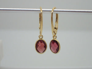 Natural Garnet Leverback Earrings, Oval, 925 Sterling Silver Gold Plated Vermeil