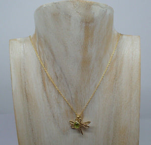 Dragonfly Pendant with Natural Peridot Charm, Gold Plated Vermeil, New UK Seller