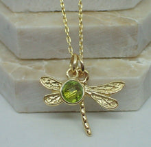 Load image into Gallery viewer, Dragonfly Pendant with Natural Peridot Charm, Gold Plated Vermeil, New UK Seller