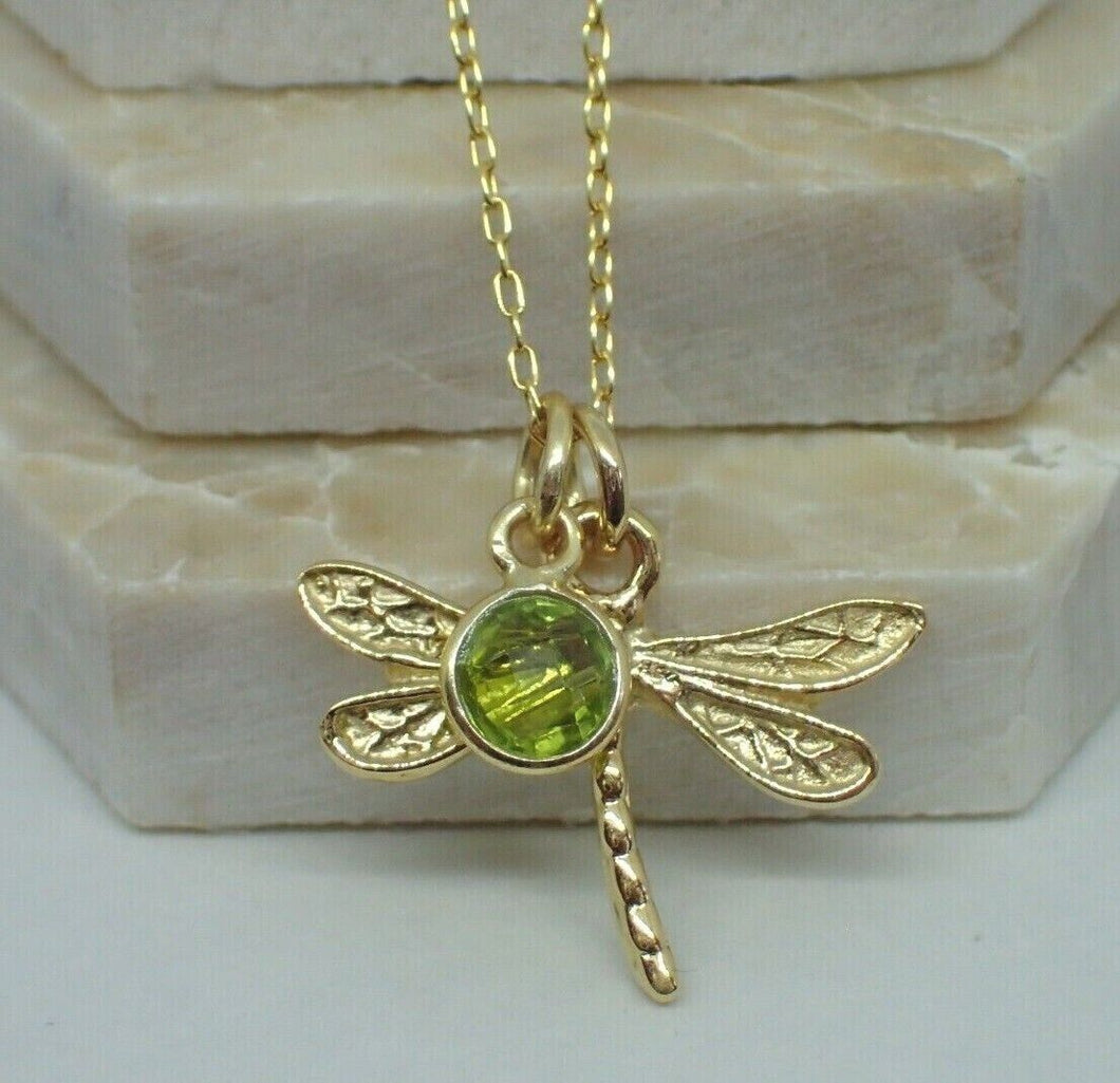 Dragonfly Pendant with Natural Peridot Charm, Gold Plated Vermeil, New UK Seller