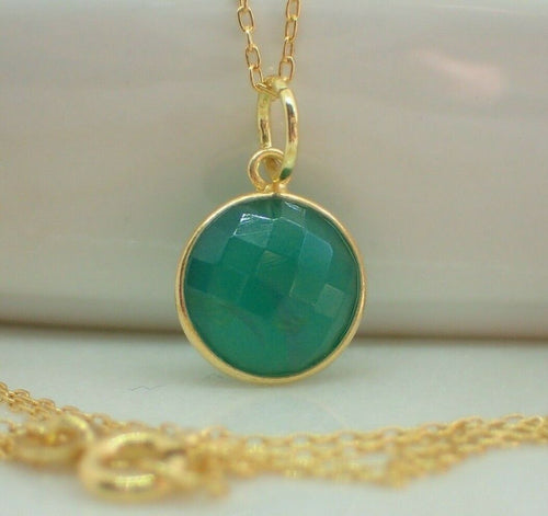 925 Sterling Silver Gold Plated Vermeil Natural Green Onyx  Pendant UK Seller