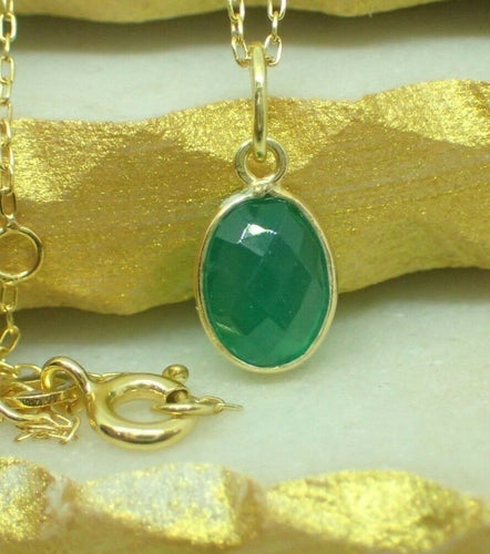 Natural Green Onyx Pendant, 925 Sterling Silver Gold Plated Vermeil  - UK Seller