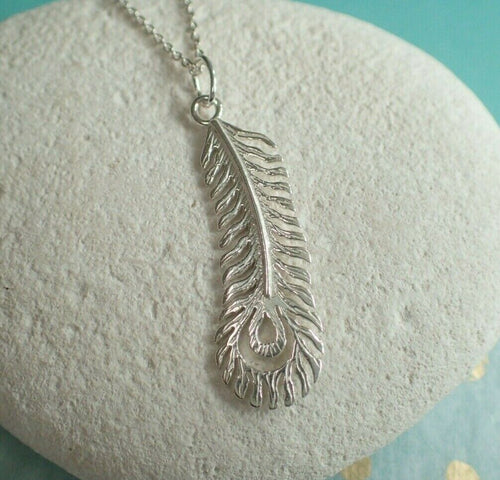 Peacock Feather Pendant, Solid Sterling Silver, New, inc Chain - UK Seller