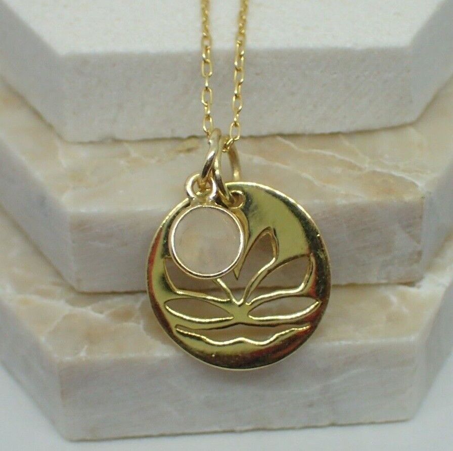 Lotus Flower Pendant & Rose Quartz Charm, Gold Plated Vermeil, New  - UK Seller